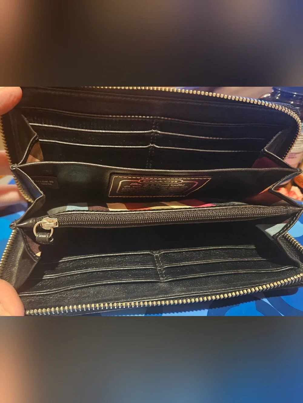 Coach Legacy Black Signature Zip Wallet with Metallic Stripe